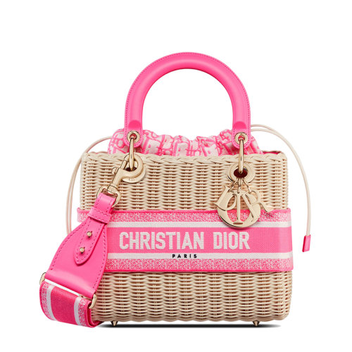 DIOR/迪奧 22新款LADY DIOR系列 女士中號柳條編織粉色老花抽繩設(shè)計小袋單肩斜挎手提包M0565OMVD_M956
