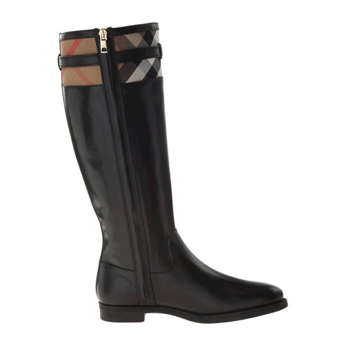 BURBERRY/博柏利 女士黑色牛皮格紋低跟拉鏈長靴高筒靴及膝靴女鞋 3943095