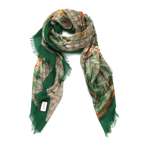 GUCCI/古馳【20秋冬新款】女士綠色莫代爾真絲混紡GG圖案花卉印花末端流蘇披肩圍巾圍脖絲巾方巾 424456-3G856-3165