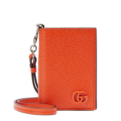 GUCCI/古馳 22新款GG Marmont系列 男士橙色皮革飾同色系徽標(biāo)樹(shù)脂扣錢(qián)包卡包掛脖包?7007071T56F7519