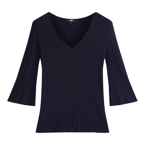 SHOKAY/繡嘉 女士針織衫/毛衣 花邊V領(lǐng)喇叭袖針織衫