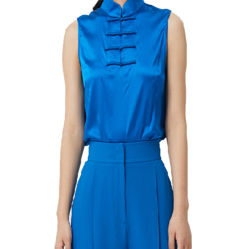 HUI/卉21年秋冬新品 靛藍(lán)經(jīng)典彈力重縐真絲小立領(lǐng)女士中式盤扣百搭國潮女士短袖襯衫上衣背心HR41B00851