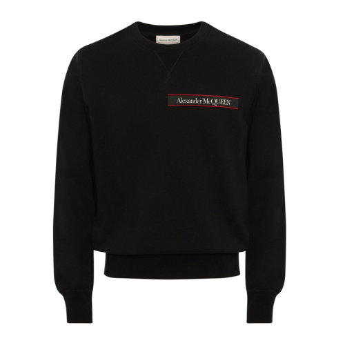 Alexander McQueen/亞歷山大麥昆 男士黑色棉質有機針織經典字母徽標印花裝飾圓領長袖上衣衛(wèi)衣運動衫套頭衫 642663-QQX75-1000