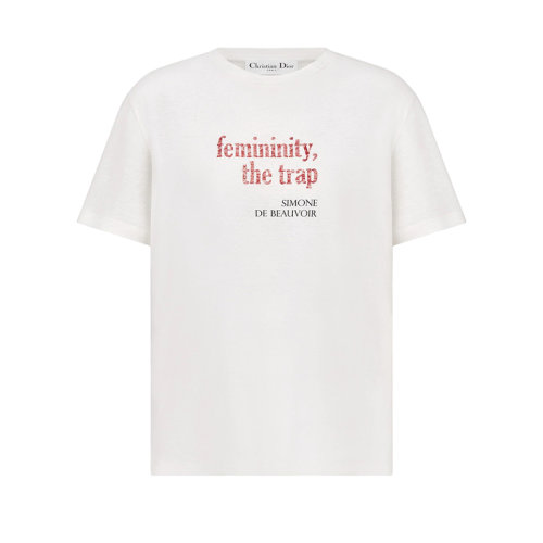 DIOR/迪奧 22年春夏新款 女士米白色棉質(zhì)和亞麻混紡femininity字樣短袖T恤223T13A4496_X0200