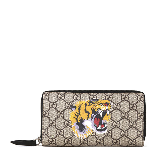 GUCCI/古馳 老虎印花高級(jí)人造帆布全拉鏈?zhǔn)藉X(qián)包 帆布/配皮 451273 K5Z1N