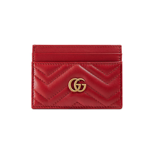 GUCCI/古馳 20 GG Marmont系列 紅色小牛皮絎縫雙G卡包 443127DTD1T6433