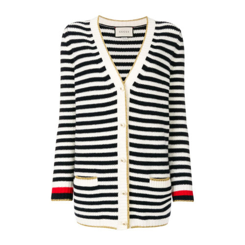 GUCCI/古馳   女裝 服飾 黑白條紋棉質(zhì)V領(lǐng)長袖套頭衫 女士針織衫毛衣 478216