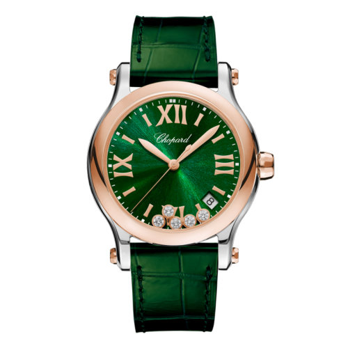 預(yù)訂1-2周 Chopard/蕭邦  Happy Sport系列 石英表鑲鉆綠盤精鋼玫瑰金表殼綠鱷魚皮表帶女表36毫米278582-6005