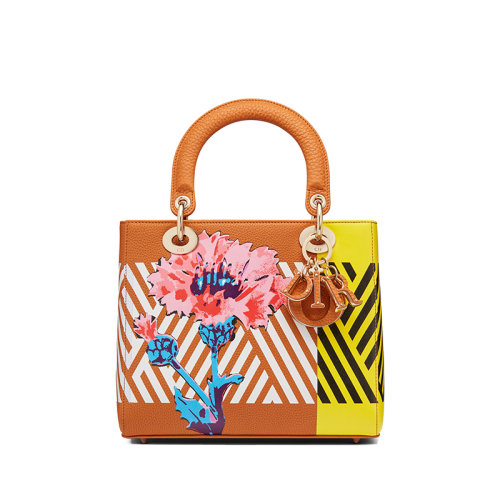 DIOR/迪奧 經典款LADY DIOR系列 女士中號拼色牛皮革D-Flower Pop圖案印花飾金扣單肩斜挎手提戴妃包M0565OBDB_M70E