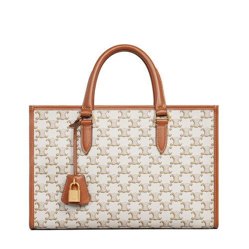 CELINE/賽琳 22新款 女士迷你款白色老花帆布棕褐色皮革飾邊橫款單肩手提托特包199742BZJ.01BC