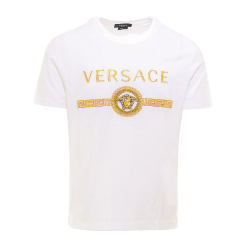 VERSACE/范思哲 男士白色棉質(zhì)經(jīng)典字母徽標(biāo)美杜莎頭像印花裝飾圓領(lǐng)短袖上衣T恤 A87372-A228806-A1001