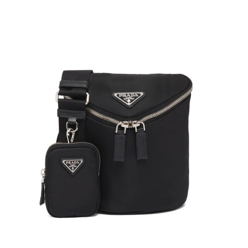 PRADA/普拉達 22年新款 男士黑色再生尼龍和皮革水桶徽標配拆卸小袋單肩包2VH7_2DW3_F0002_V_OOO