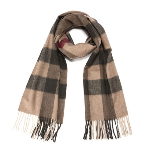 BURBERRY/博柏利 女士卡其色羊絨格紋流蘇圍巾圍脖 3800473