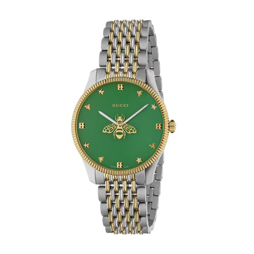 GUCCI/古馳      G-Timeless系列 男女同款蜜蜂秒針綠色表盤石英機(jī)芯黃金色PVD鍍層精鋼表殼9鏈節(jié)黃金色PVD鍍層精鋼表鏈腕表36毫米681758I86009802