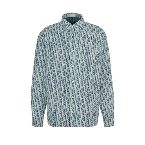 DIOR/迪奧 22年早春新款 男士藍色純棉牛仔布白色Kasuri老花印花襯衫外套013D585BY989_C580