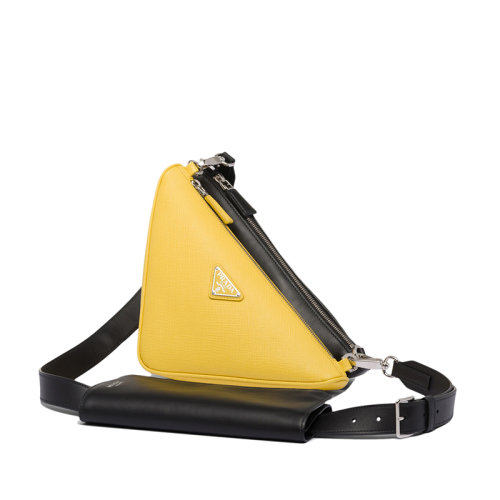 PRADA/普拉達(dá) 22新款 男士黑色陽(yáng)光黃色Saffiano皮革琺瑯金屬三角形徽標(biāo)單肩斜挎包2VH157_2FOQ_F0L8P_V_OLB