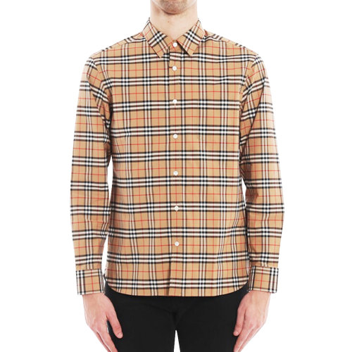 棉質翻領卡其色格紋男士長袖襯衫 BURBERRY/博柏利 上裝 襯衣 內搭