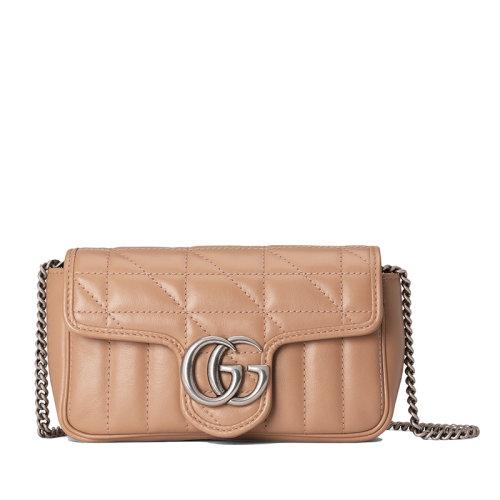 GUCCI/古馳  GG Marmont系列 女士超迷你玫瑰米色絎縫皮革復(fù)古銀飾雙G單肩斜挎鏈條包?476433DTD5N2754