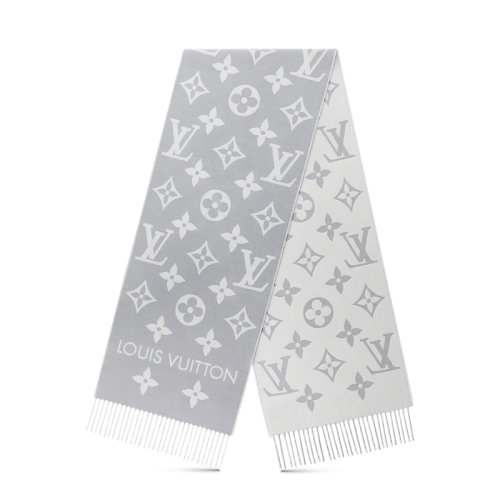 Louis Vuitton/路易威登 22年秋冬新款 LV ESSENTIAL系列 女士淺灰色純羊毛老花印花流蘇圍巾M77727
