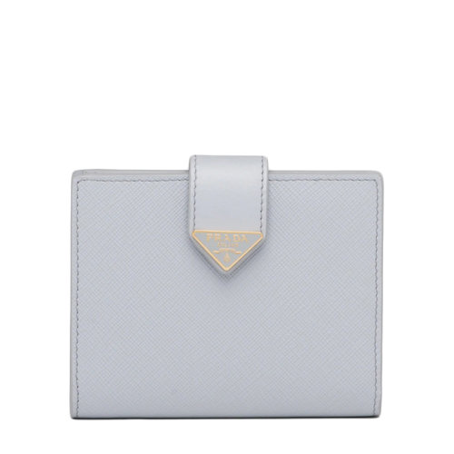 PRADA/普拉達 22春夏新款 女士小號矢車菊藍灰色皮革徽標壓紋琺瑯金扣錢包1MV204_2DYG_F0591