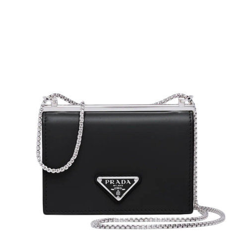PRADA/普拉達(dá) 22年新款 女士黑色三角銀標(biāo)銀鏈單肩錢包卡包1MR023_ZO6_F0002