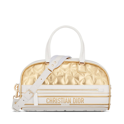 DIOR/迪奧 22春夏新款VIBE系列 女士中號(hào)白色金色牛皮革étoile圖案絎縫效果拉鏈保齡球包手提包M6202OOLA_M01E