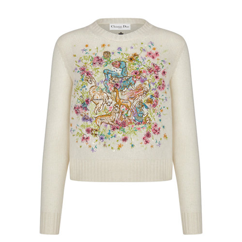 DIOR/迪奧 22年春夏新款 CHEZ MOI系列 女士米白色純山羊絨嵌花編織多色D-Constellation圖案針織衫毛衣244S57AM029_X0877