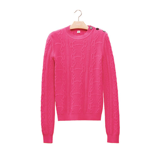 HERMES/愛(ài)馬仕 22年秋冬新款 女士粉色羊毛混紡Promenade du Matin主題編織肩處飾牛角紐扣長(zhǎng)袖套頭衫毛衣H2H2644D65738