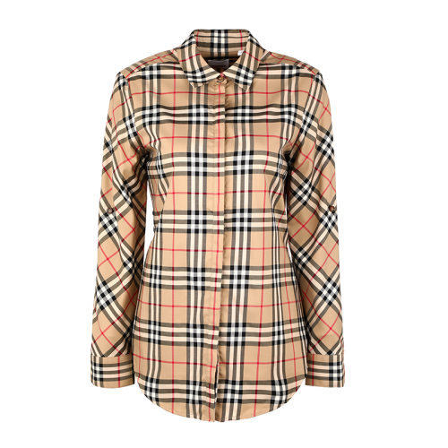 BURBERRY/博柏利女裝卡其色棉質(zhì)翻領(lǐng)經(jīng)典格紋襯衣女士短袖襯衫8018475