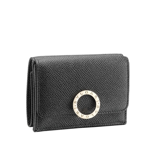 BVLGARI/寶格麗  BVLGARI BVLGARI系列 女士黑色粒面小牛皮徽標(biāo)扣三折錢(qián)包288648