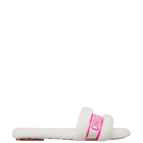 DIOR/迪奧 22年早春新款 CHEZ MOI系列 女士白色皮毛拼亮粉色棉質(zhì)刺繡涼拖KDQ708FEK_S76W