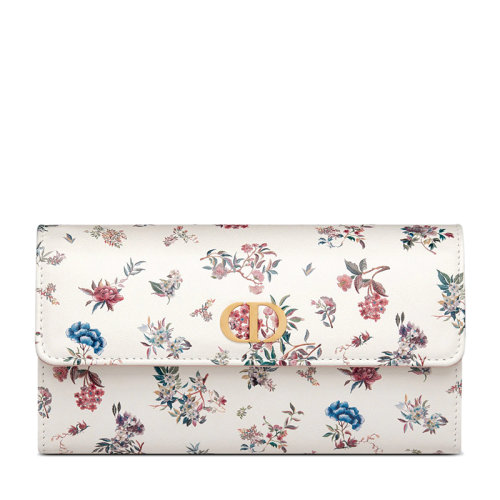 DIOR/迪奧 22新款CARO系列 女士奶白色小牛皮冬日花園主題印花翻蓋開合長款錢包S5039USJS_M941