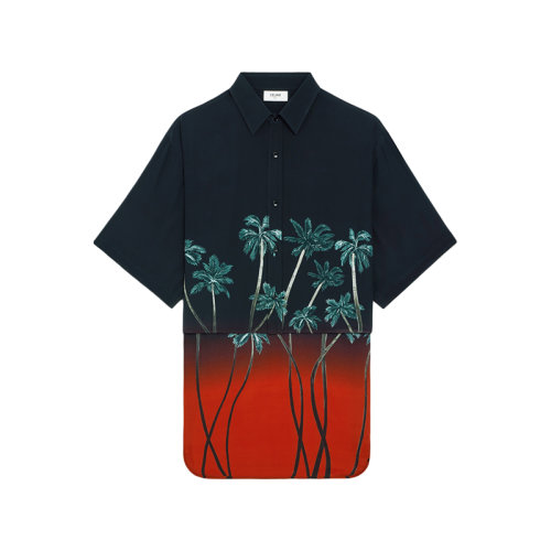 CELINE/賽琳 22年春夏新款 男士紅色/黑色桑蠶絲落日棕櫚樹印花燕尾服短袖襯衫2C708402Q.27NG