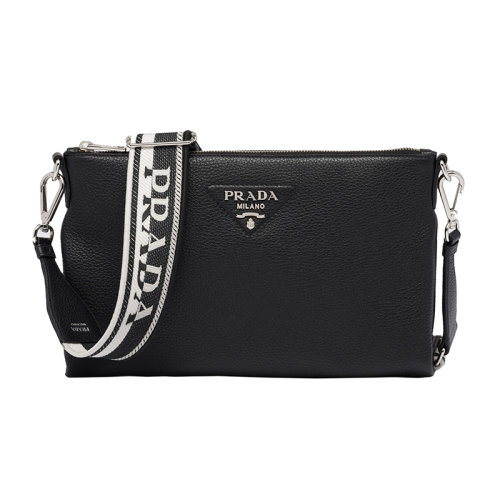 PRADA/普拉達(dá) 22新款 女士小號(hào)黑色皮革配徽標(biāo)印花刺繡拆卸肩帶金屬配飾拉鏈開(kāi)合單肩斜挎包1BH050_2DKV_F0002_V_3OM