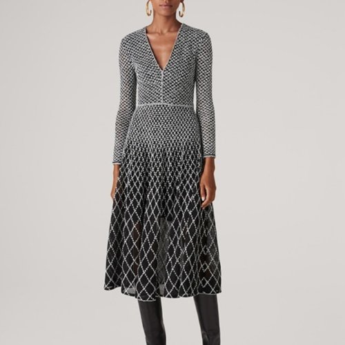 St.John/盛薔黑白漸變金屬感禮服長袖女士連衣裙K1210K1