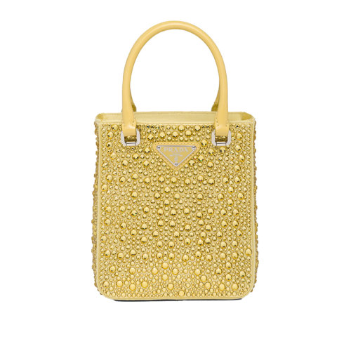 PRADA/普拉達(dá) 22新款 女士黃色水晶緞面皮革手柄拆卸調(diào)節(jié)肩帶琺瑯徽標(biāo)手提單肩斜挎包1BA331_2AWL_F068X_V_OOO