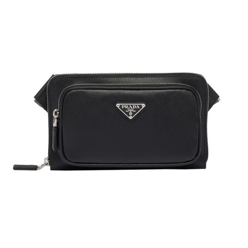 PRADA/普拉達(dá) 22新款 男士黑色saffiano皮革調(diào)節(jié)編織肩帶琺瑯徽標(biāo)拉鏈開(kāi)合單肩包2VH156_9Z2_F0002_V_OOO