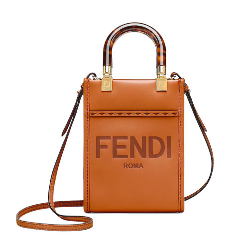 FENDI/芬迪 20  SUNSHINE系列 女士迷你深棕色小牛皮FENDI ROMA印花有機(jī)玻璃提手購物單肩斜挎袋8BS051ABVLF0PWZ