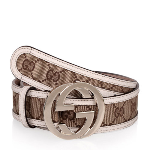 GUCCI/古馳 男女同款 中性經(jīng)典金色雙G扣白色織物配皮板扣皮帶腰帶 114876-F40IG-9761