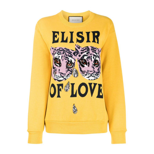 GUCCI/古馳 女裝 服裝 黃色棉質(zhì)老虎印花圓領(lǐng) 女士衛(wèi)衣