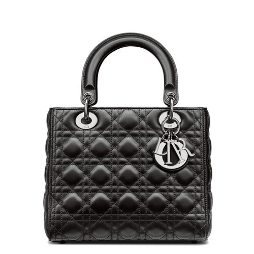 DIOR/迪奧  LADY DIOR系列 女士中號(hào)黑色棱紋小羊皮銀色配飾單肩斜挎手提戴妃包M0565BNGE_M900