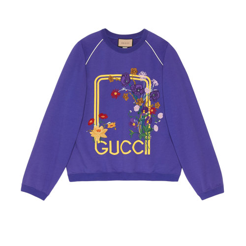 GUCCI/古馳 22年秋冬新款 Lovelight系列 男士藍(lán)色純棉毛氈面料花束刺繡衛(wèi)衣706921XJERY4330