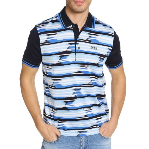 HUGO BOSS/雨果波士 男士短POLO藍(lán)白拼色條紋純棉時(shí)尚翻領(lǐng)短袖Polo衫