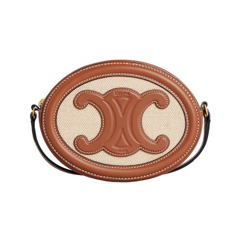 CELINE/賽琳 22新款TRIOMPH系列 女士自然色/棕褐色織物搭小牛皮橢圓形金色飾面凱旋徽標斜挎肩背手拿包10I702DTL.02NT