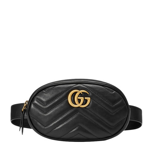 GUCCI/古馳 GG MARMONT系列女士黑色絎縫牛皮雙G金屬字母徽標(biāo)拉鏈開(kāi)合斜挎包單肩包胸包腰包女包 476434-DSVRT-1000