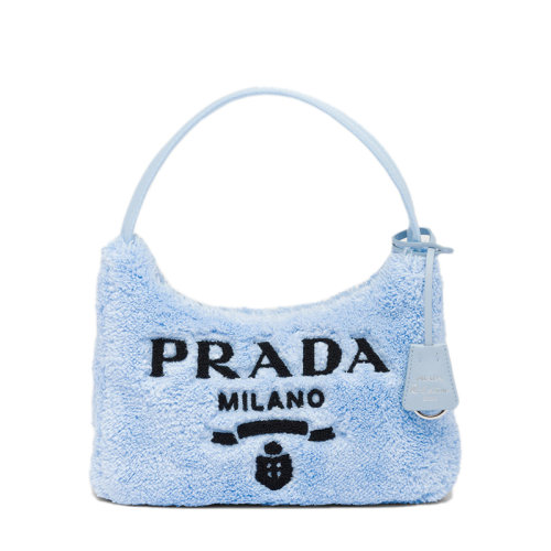 PRADA/普拉達 22新款Re-Edition 2000系列 女士迷你天藍色/黑色織物徽標印花飾徽標吊飾單肩斜挎毛圈包hoob流浪包1NE515_2DXO_F0D4O