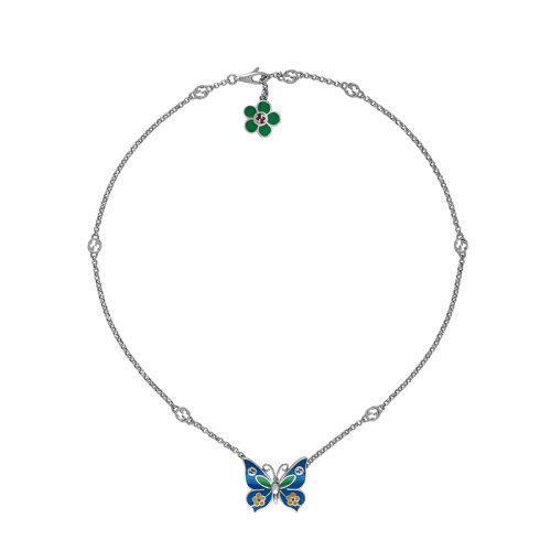 GUCCI/古馳 22春夏新款 純銀藍綠黃蝴蝶綠色花朵琺瑯互扣式雙G吊墜項鏈679988J89B48520