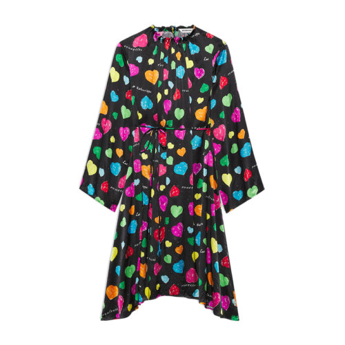 Balenciaga/巴黎世家 女式黑色多色拼色真絲心形印花腰部抽繩后裹式中長(zhǎng)連衣裙女裙 659084-TKL08-1000