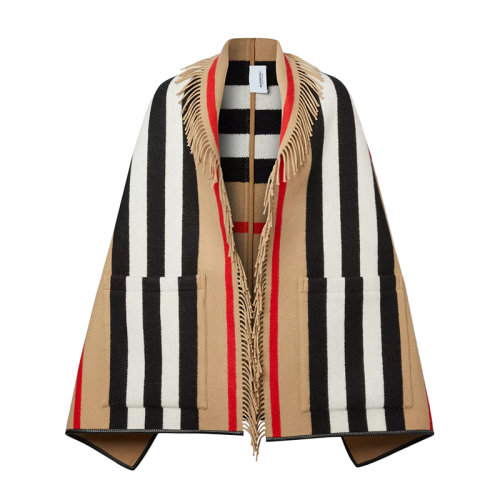 BURBERRY/博柏利 22年早春新款 女士典藏米色羊毛羊絨混紡標志性條紋流蘇提花披肩80194151