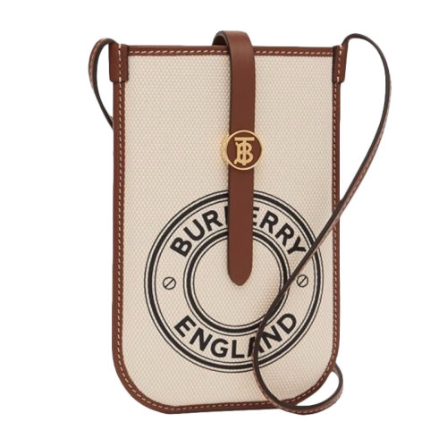 BURBERRY/博柏利 女士白棕拼色帆布配皮圓形字母徽標(biāo)圖案斜挎包單肩包手機(jī)包女包 802660